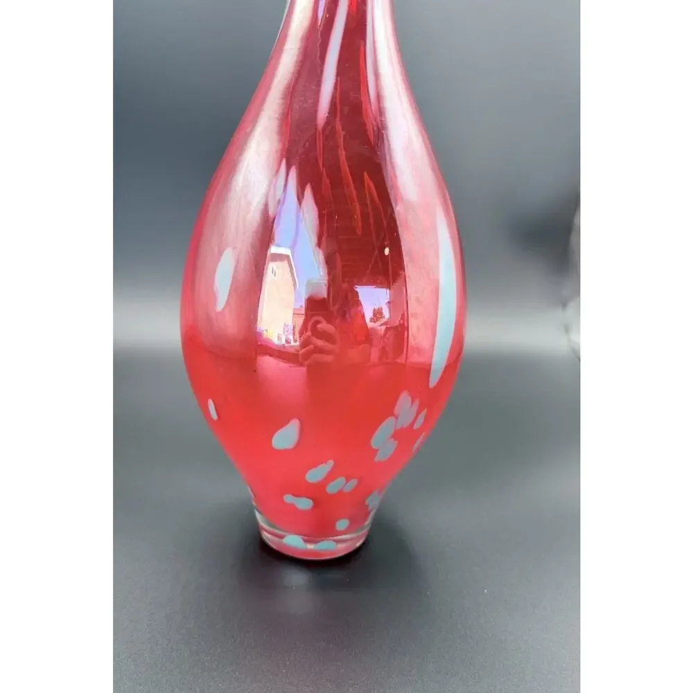 Vintage Red Swung Art Glass Vase Blue Applied Dots MCM Blown Glass 15.5”